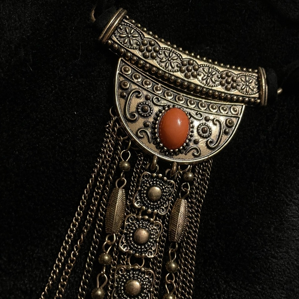 Intricate Gold Chain Tassel Necklace w/ Coral Detail & Black Leather